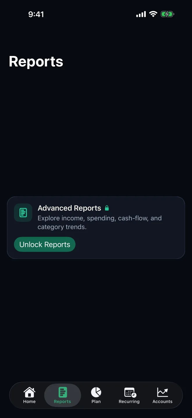PrismWorth Reports screen, dark theme