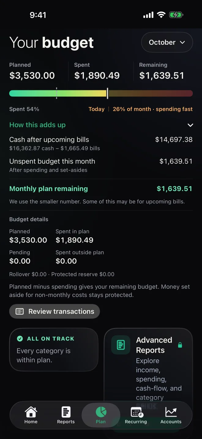 PrismWorth Plan screen, dark theme