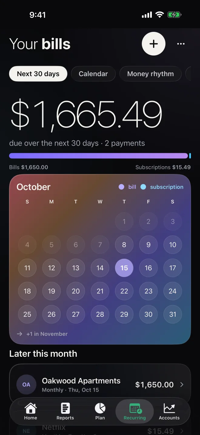 PrismWorth Recurring screen, dark theme