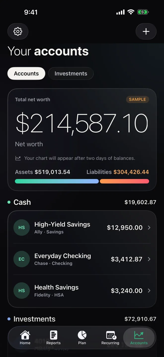 PrismWorth Accounts screen, dark theme